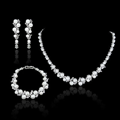 Elegant Pearl Crystal Wedding Party Prom Necklace Earrings Bracelet Set