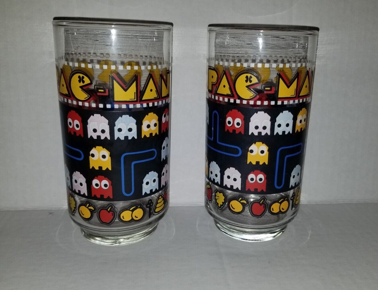 Vintage Set Of 2 Pac Man Drinking Glass 1980 Bally Midway Shadow & Bashful