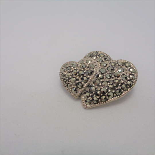 Vintage Sterling 925 Silver Marcasite Double Heart Brooch Pin, 5.39g