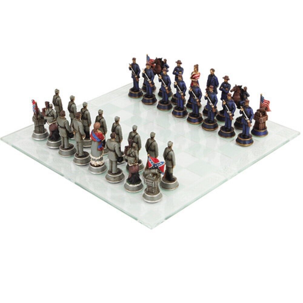 Civil War Chess Set With Glass Board New