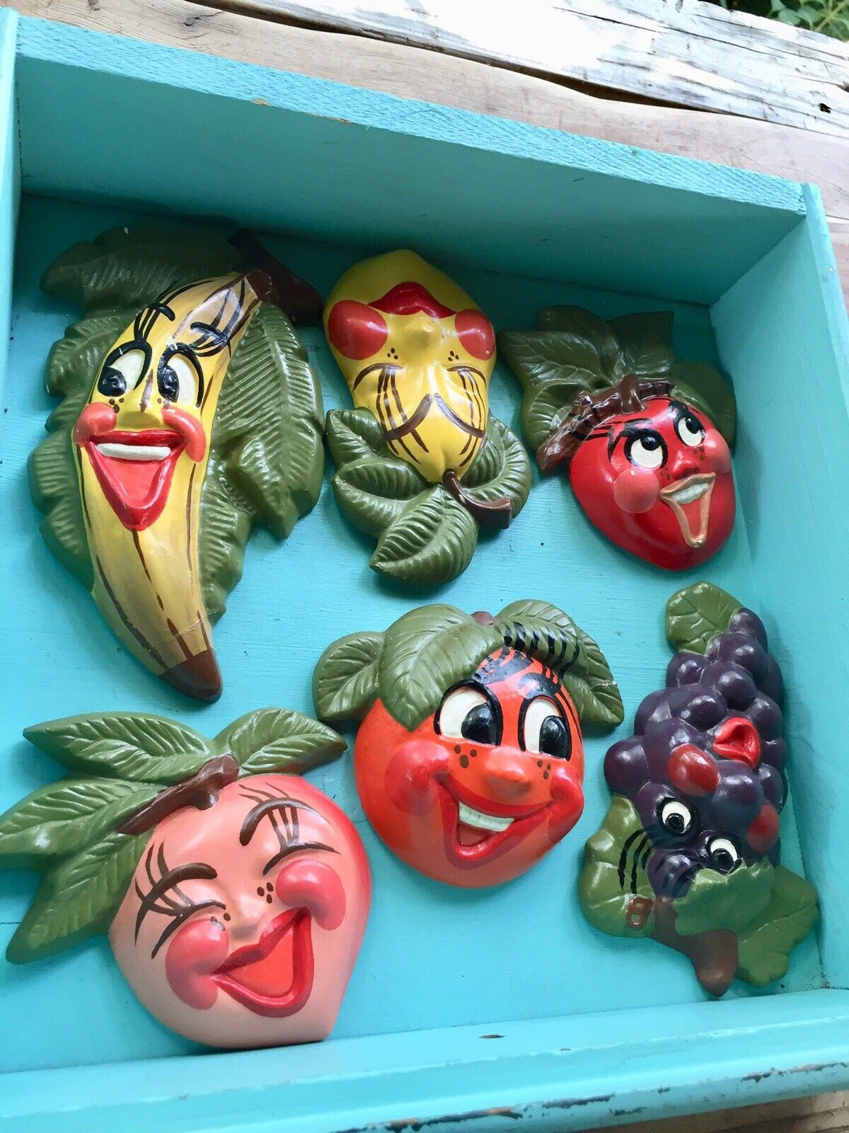 6 Piece Vintages Of Antique Chalkware Fruit With Exaggerated Faces Beautiful Set