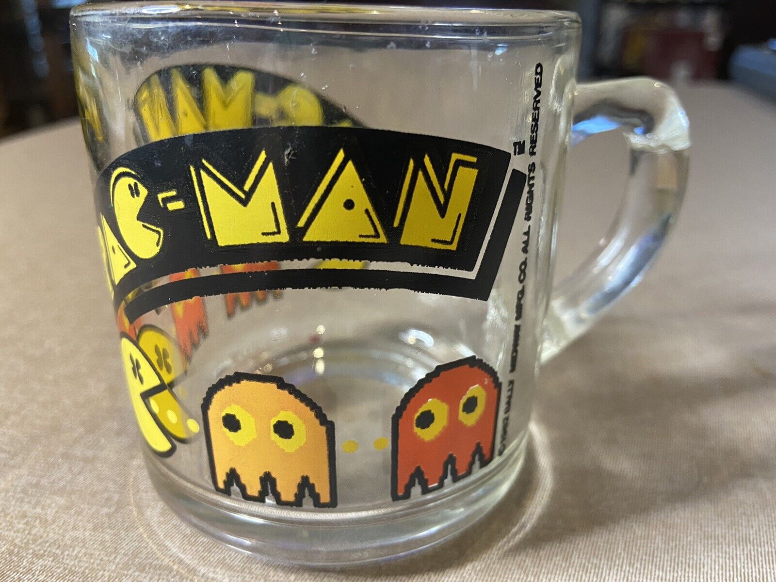 Pac-man Libby Glass Mug Clear Glass Pac-man Design Bally Midway Arcade Game -vtg