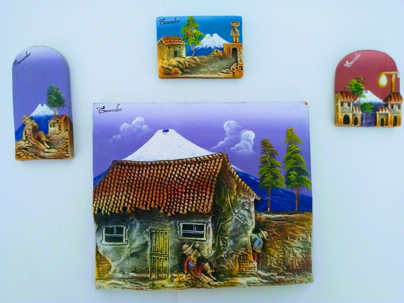Lot Of 4 Ecuador Clay Pottery 3d Tiles Wall Hanging Hand Painted