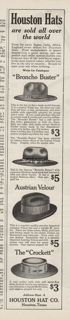1911 Houston Hat Co Texas Broncho Buster The Crockett Austrian Velour Print Ad