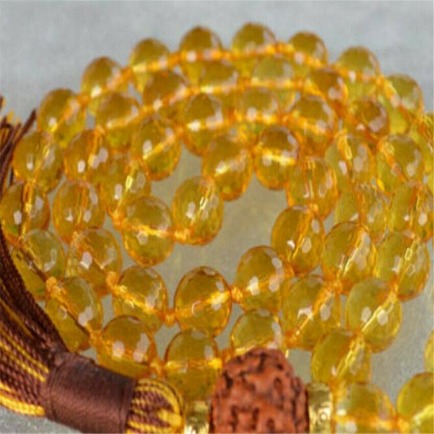 8mm Citrine Gemstone 108 Beads Tassels Mala Necklace Buddhism Bless Energy