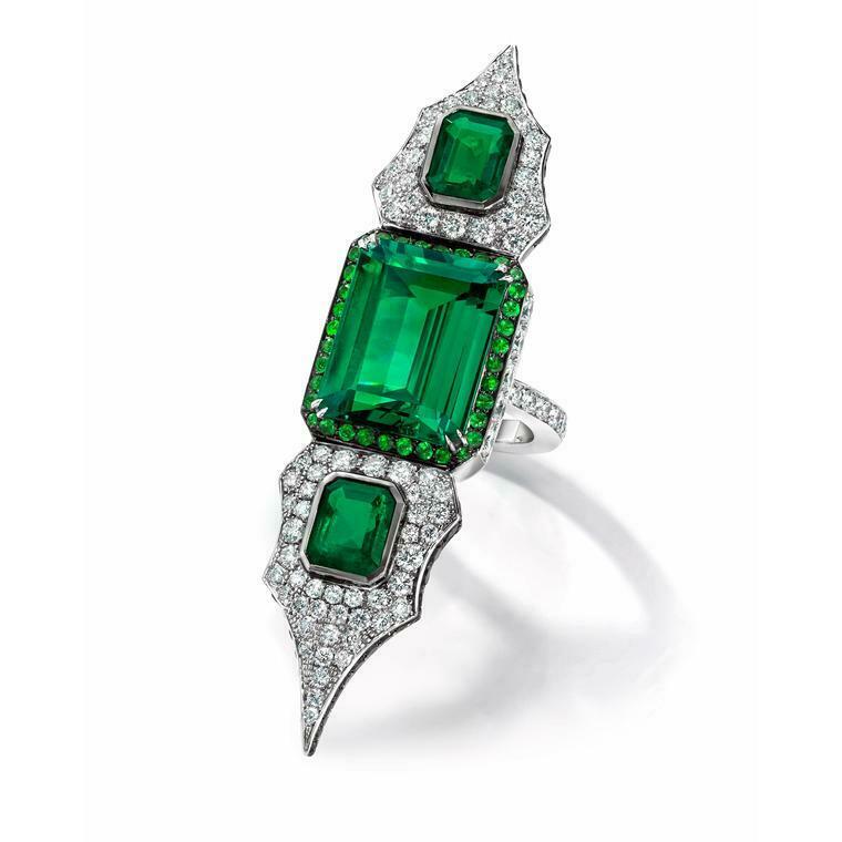 Modern Art Deco Royal Style Three Colombian Emeralds With Sparkling Cz Rare Ring