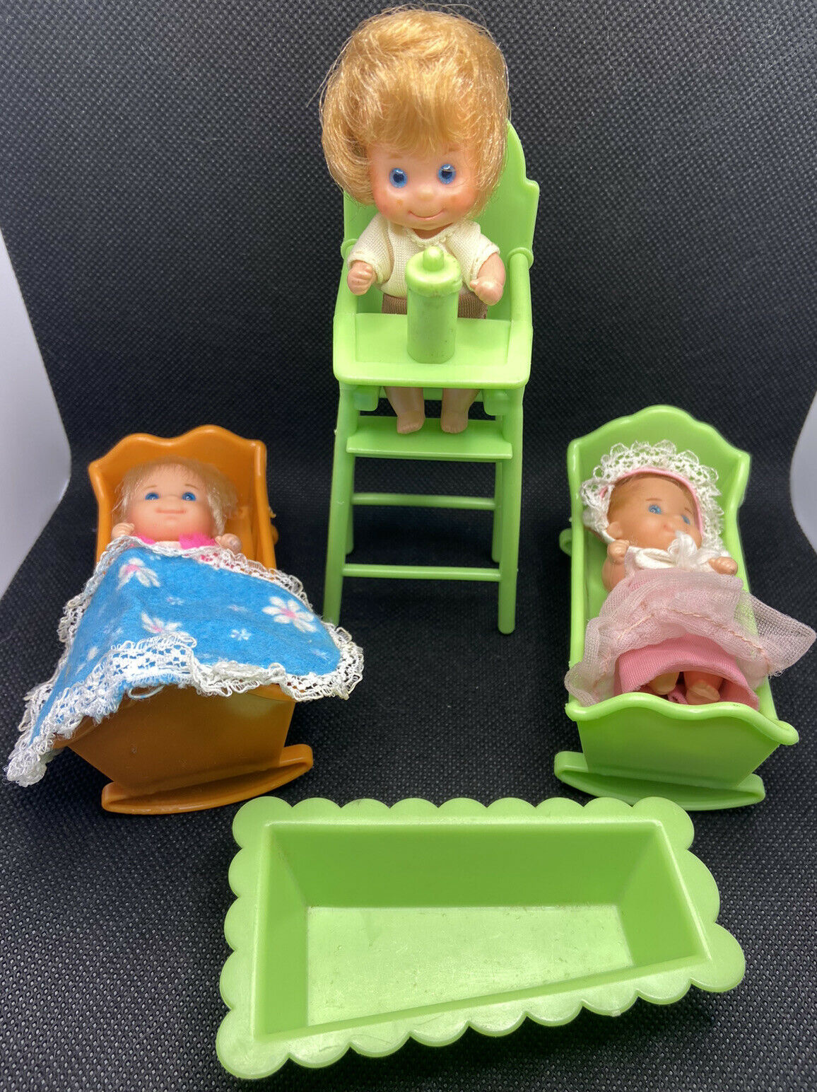 Vtg Lot 1973-74 Mattel Sunshine Family Baby Dolls Accessories Cribs High Chair