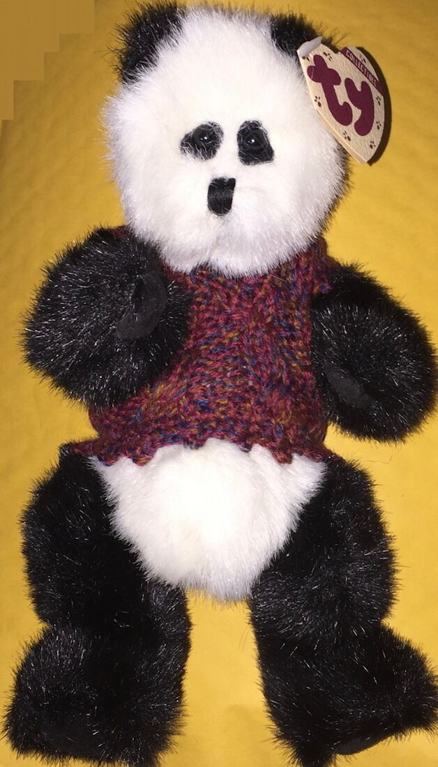Ty Attic Treasure "checkers" The Panda Bear #6031 Tan Tag 8" Tall With Sweater!