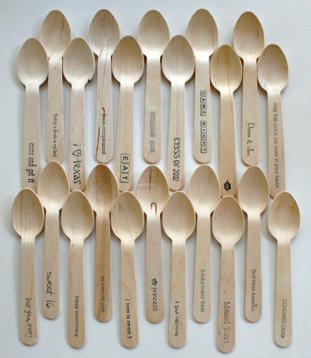 Disposable Mini 4.5 Inch Wooden Spoons - 20 Pieces - Your Phrase Choice