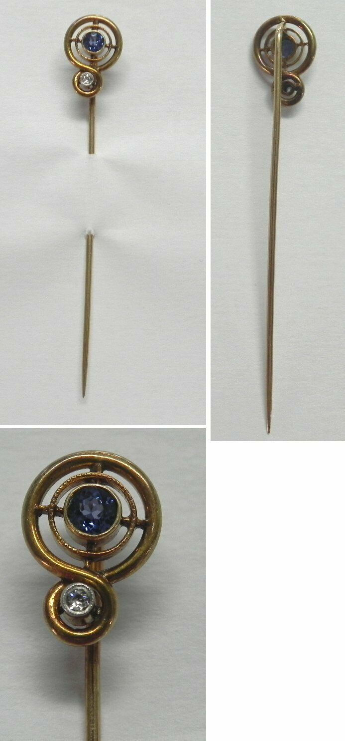 C1795 Antique Victorian 14k Solid Yg Diamond & Lab Sapphire Stick Pin, 2.5"
