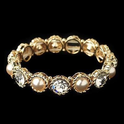 Gold Rhinestone Crystals & Ivory Pearls Bridal Wedding Stretch Bracelet Jewelry