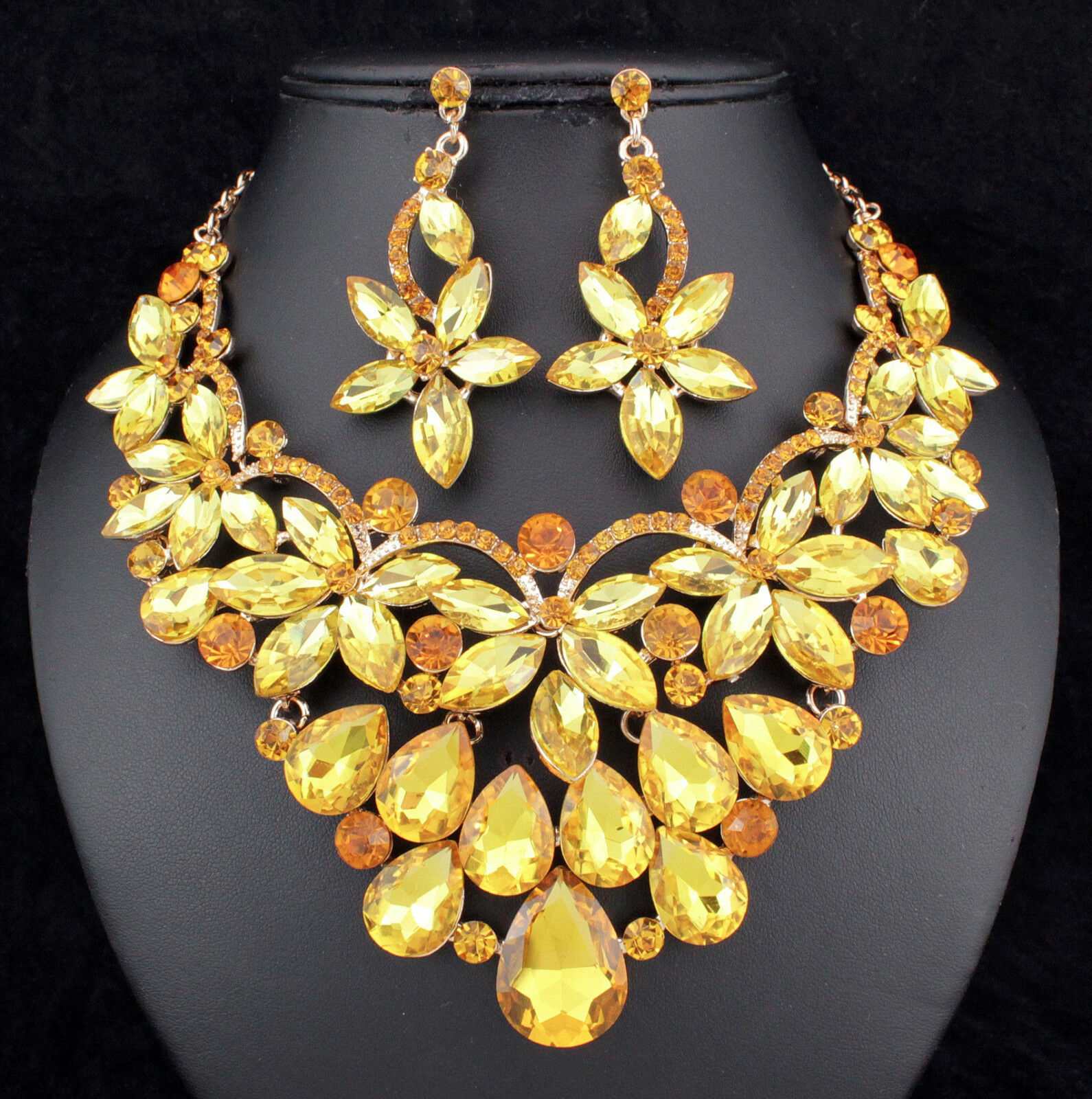 Floral Yellow Austrian Cystal Rhinestone Necklace Earrings Set Prom Bridal N894y