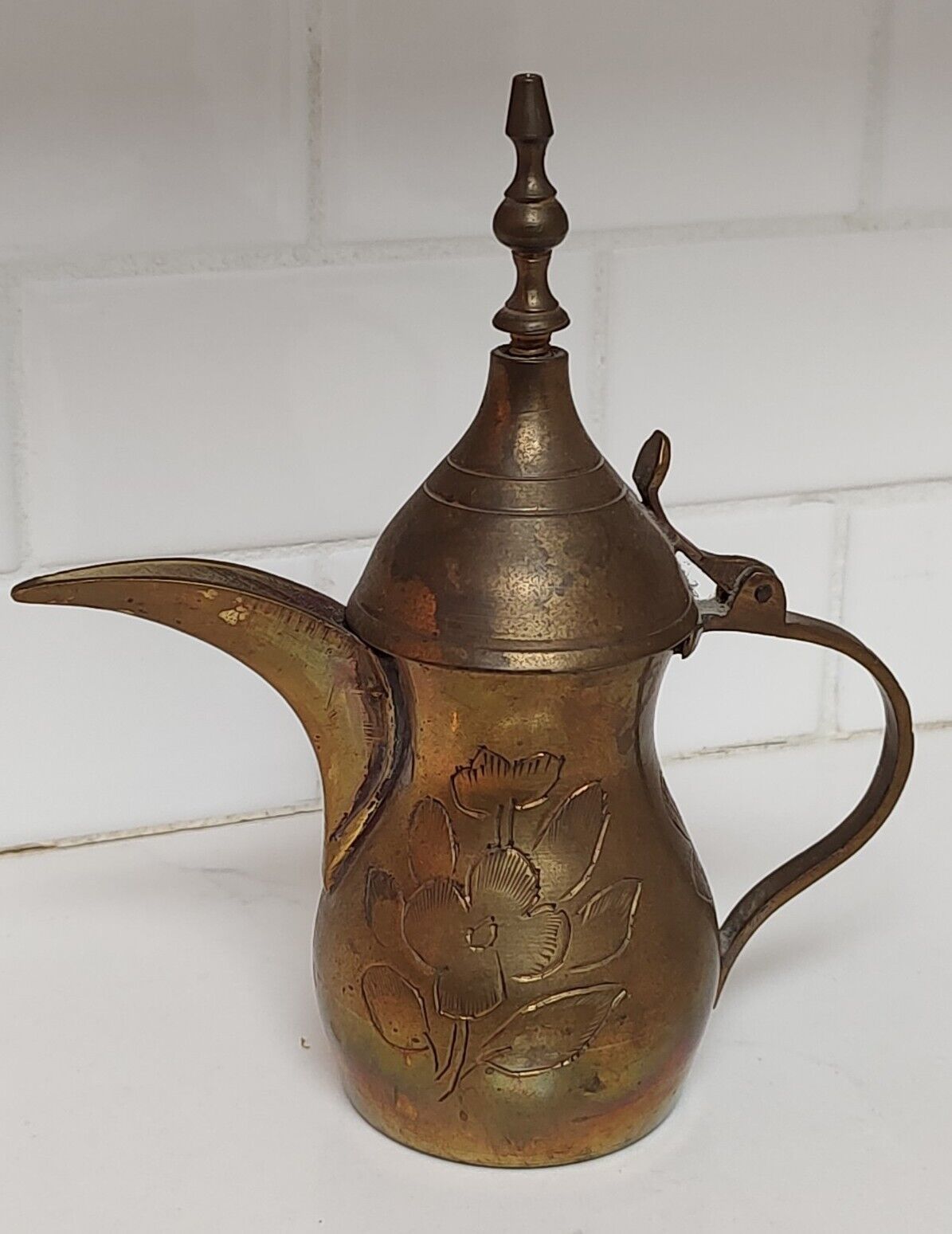 Vintage Arabic Turkish Coffee Pot Brass Etched 5.75" Camel Flowers Attached Lid