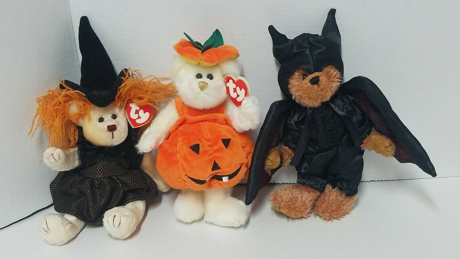 3 Ty Halloween Plush Teddy Bears Hagatha Carver Vlad Bat Witch Pumpkin Costumes