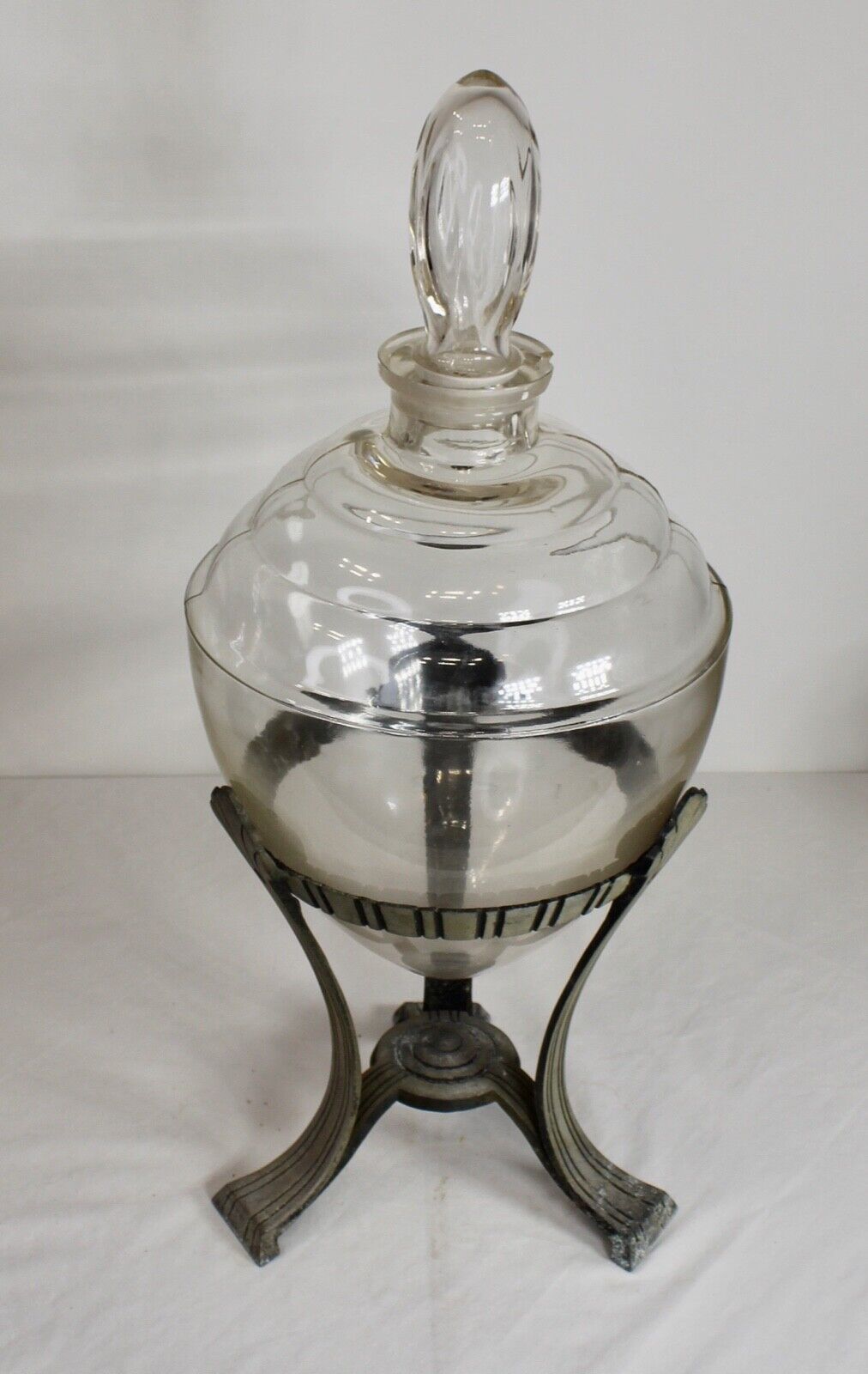 Antique Drug Store Display Glass Decanter Bee Hive Shape With Metal Stand
