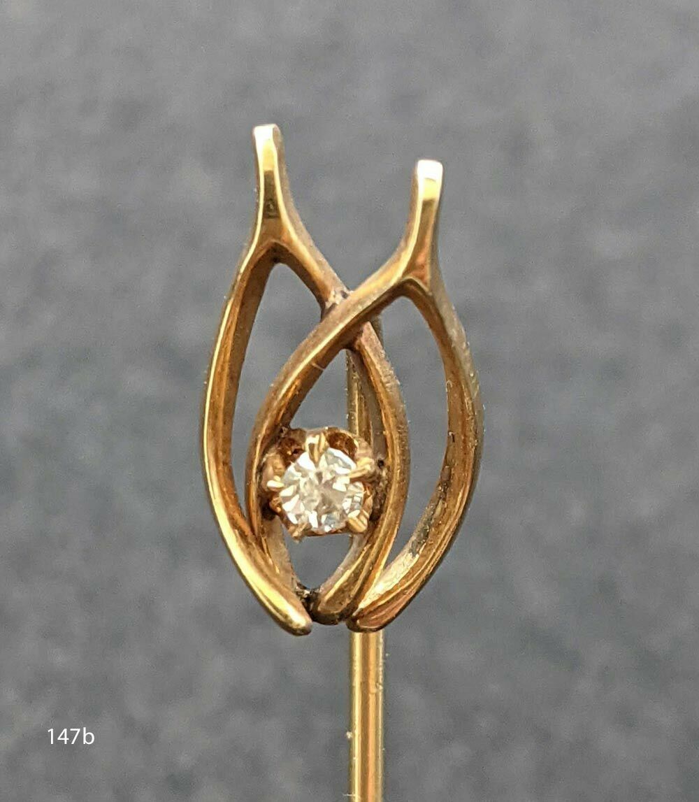 147 Vintage Yellow 14k Stick Pin With Wishbones And Tested Diamond
