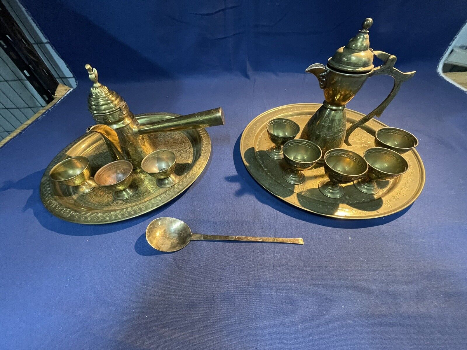 Vintage Antique Turkish Moroccan Moorish Solid Brass Coffee Tea Set Middle East