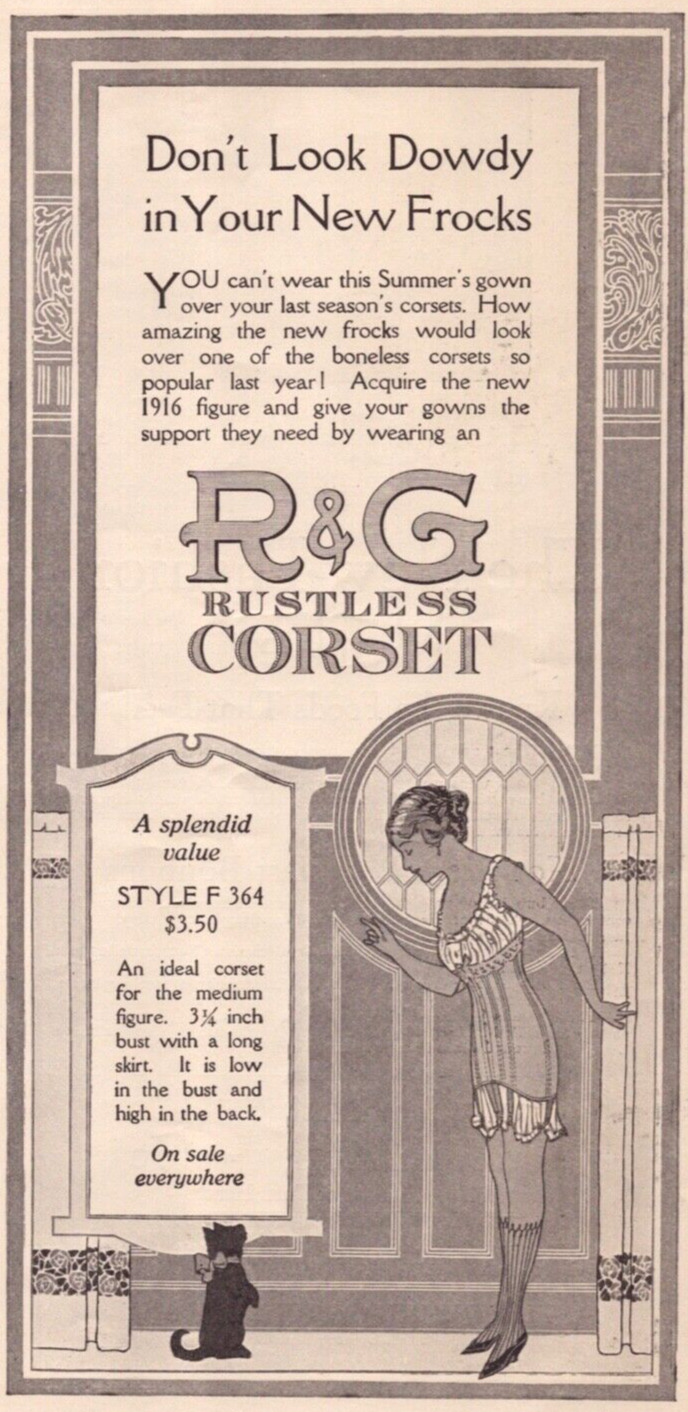 1916 R & G Rustless Corset Antique Print Ad Kitten Cat Woman Wearing Corset