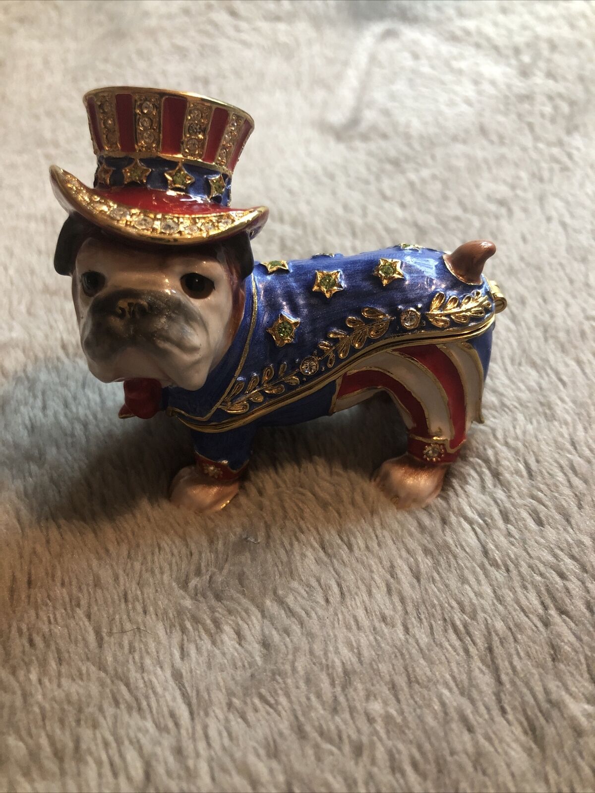 Patriotic Bulldog Jeweled Trinket Box Enameled With Gold Trim