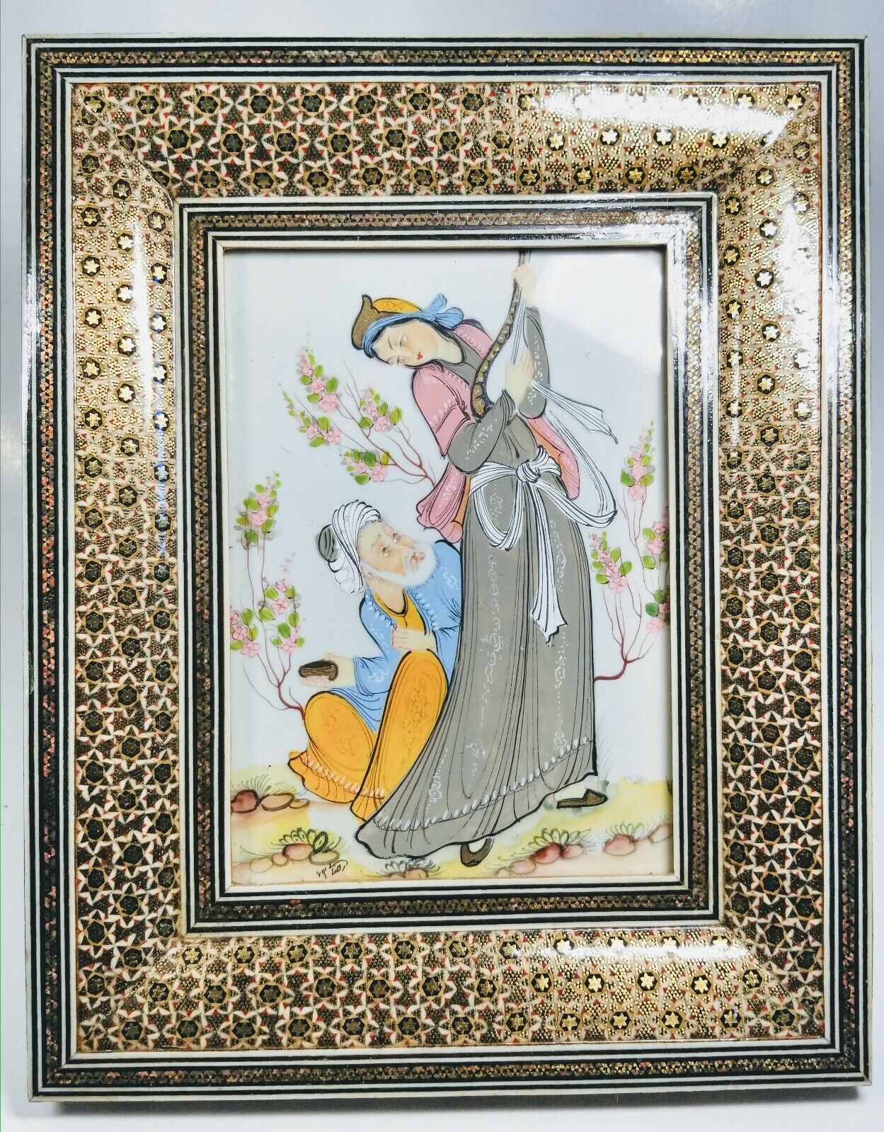 Hand-painted Persian Man And Woman Scene On Celluloid In Mosaic Frame