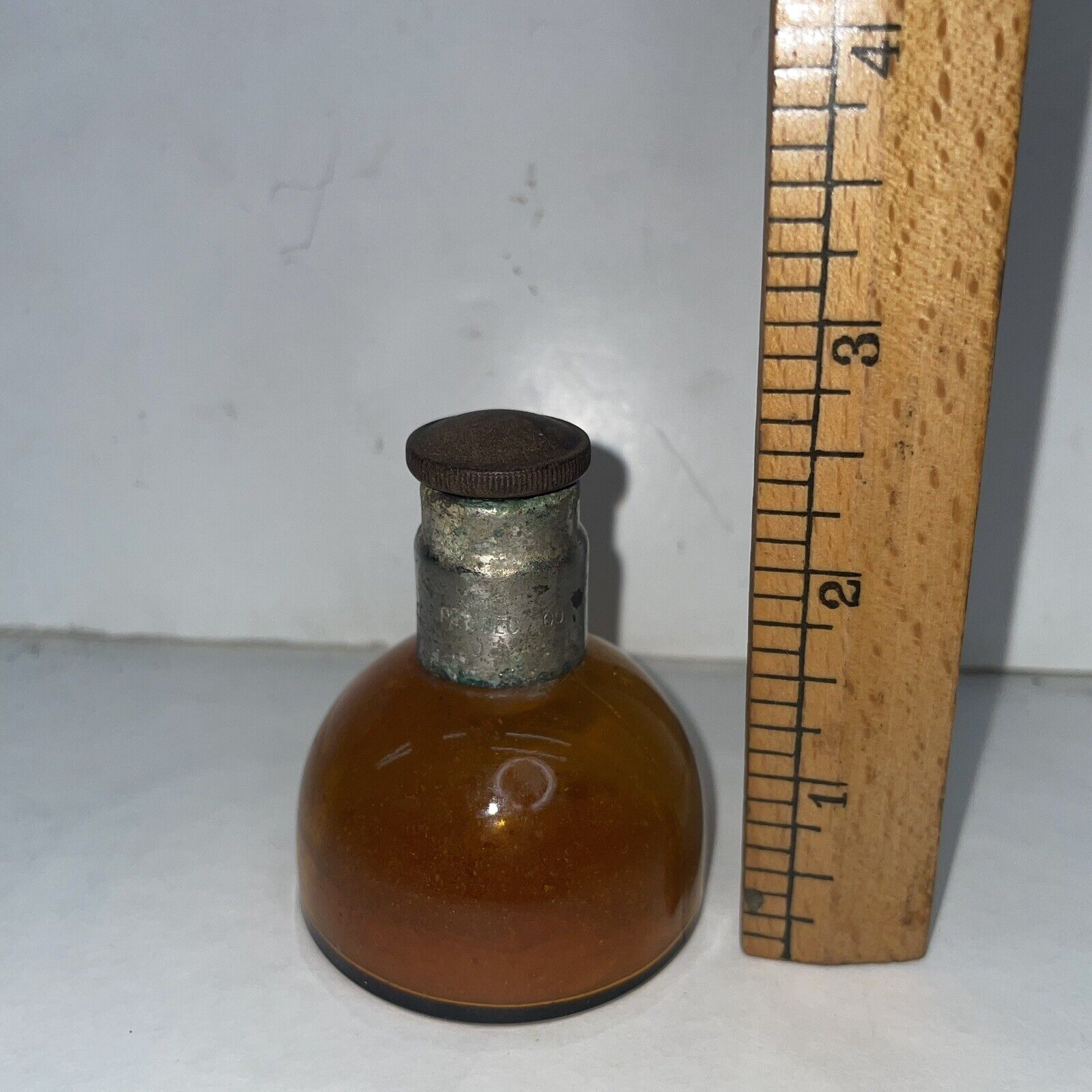 Antique Vintage Small Brown Amber Glass Medicine M(?) Bottle, 1909