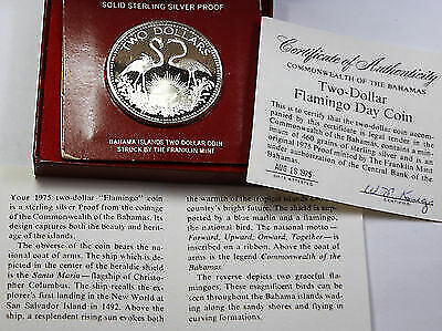 1975 Bahamas $2 Sterling Silver Proof Flamingo Coin Original Box Coa Included