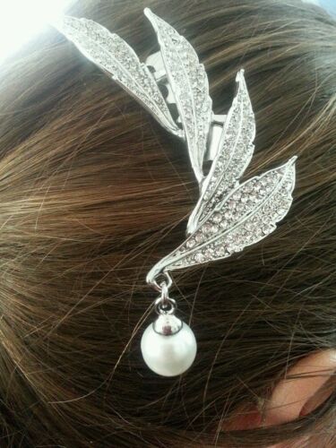 New Bridal Crystal Cz And Rhinestone Leaf With Hanging Pearl Silver Hair Comb
