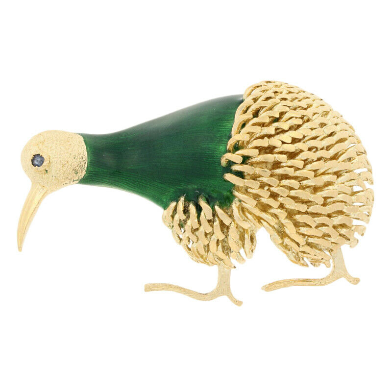 Yellow Gold Kiwi Bird Brooch - 18k Green Enamel Vintage Animal Pin