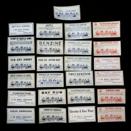 Authentic 1912 Pharmacy Apothecary Bottle Labels Bisbee Arizona Set Of 25