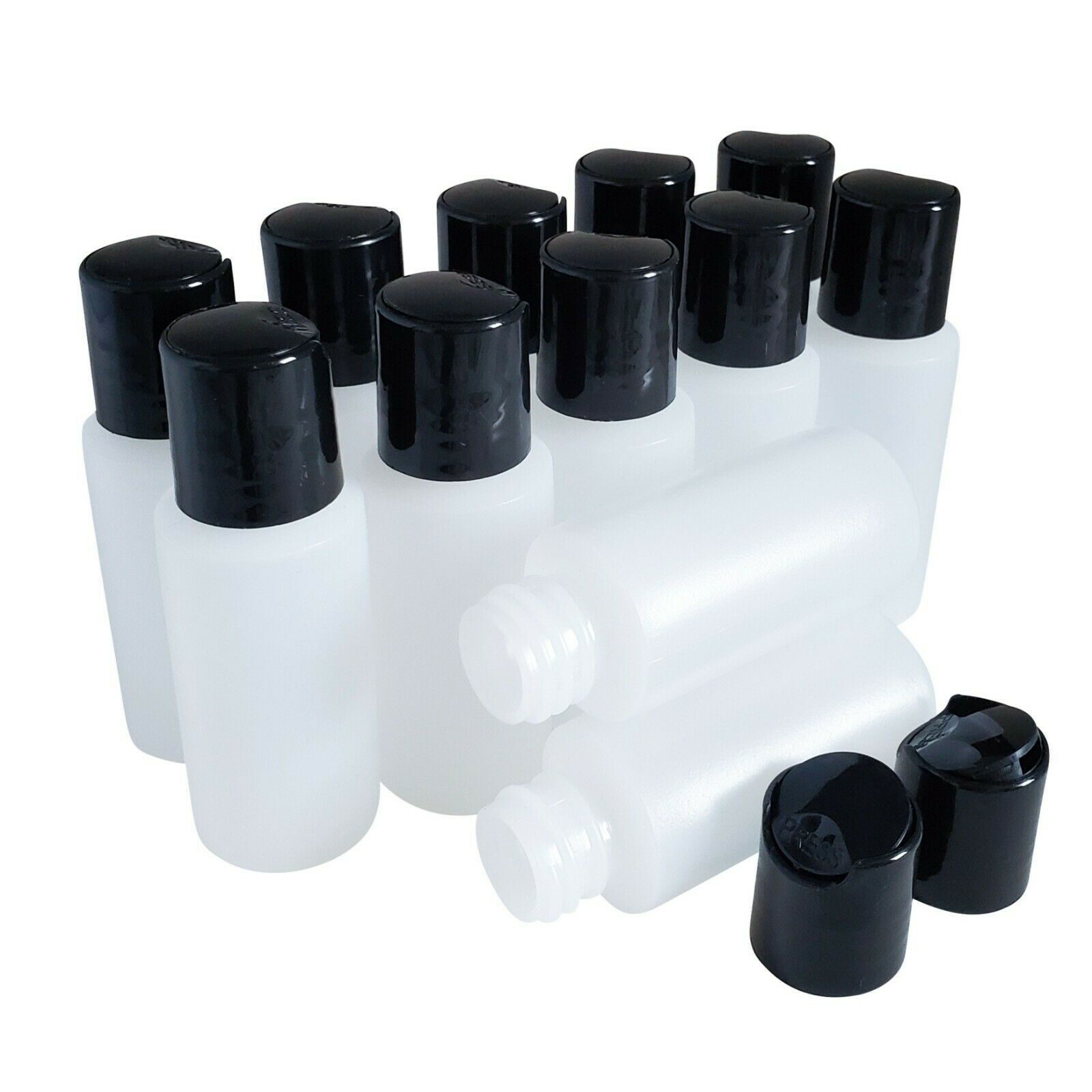 Kelkaa 1oz Hdpe Natural Clear Plastic Bottles Black Press Disc Cap (pack Of 12)