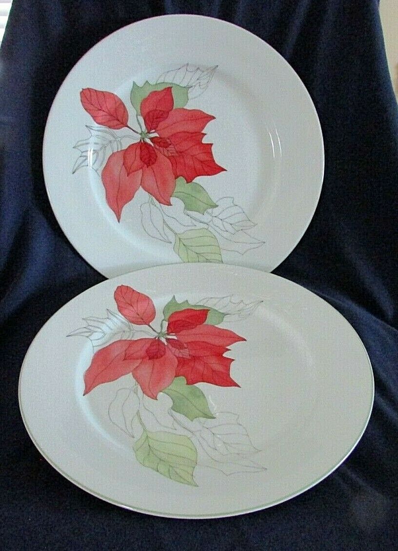 Two Watercolors Block Spal Poinsettia Dinner Plates, C1982, Portugal, 10 1/2"