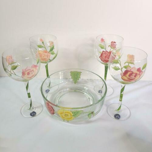 Vintage Block Basics Wine Glasses Garden Rose Hand Painted Fruit Bowl Lot 5