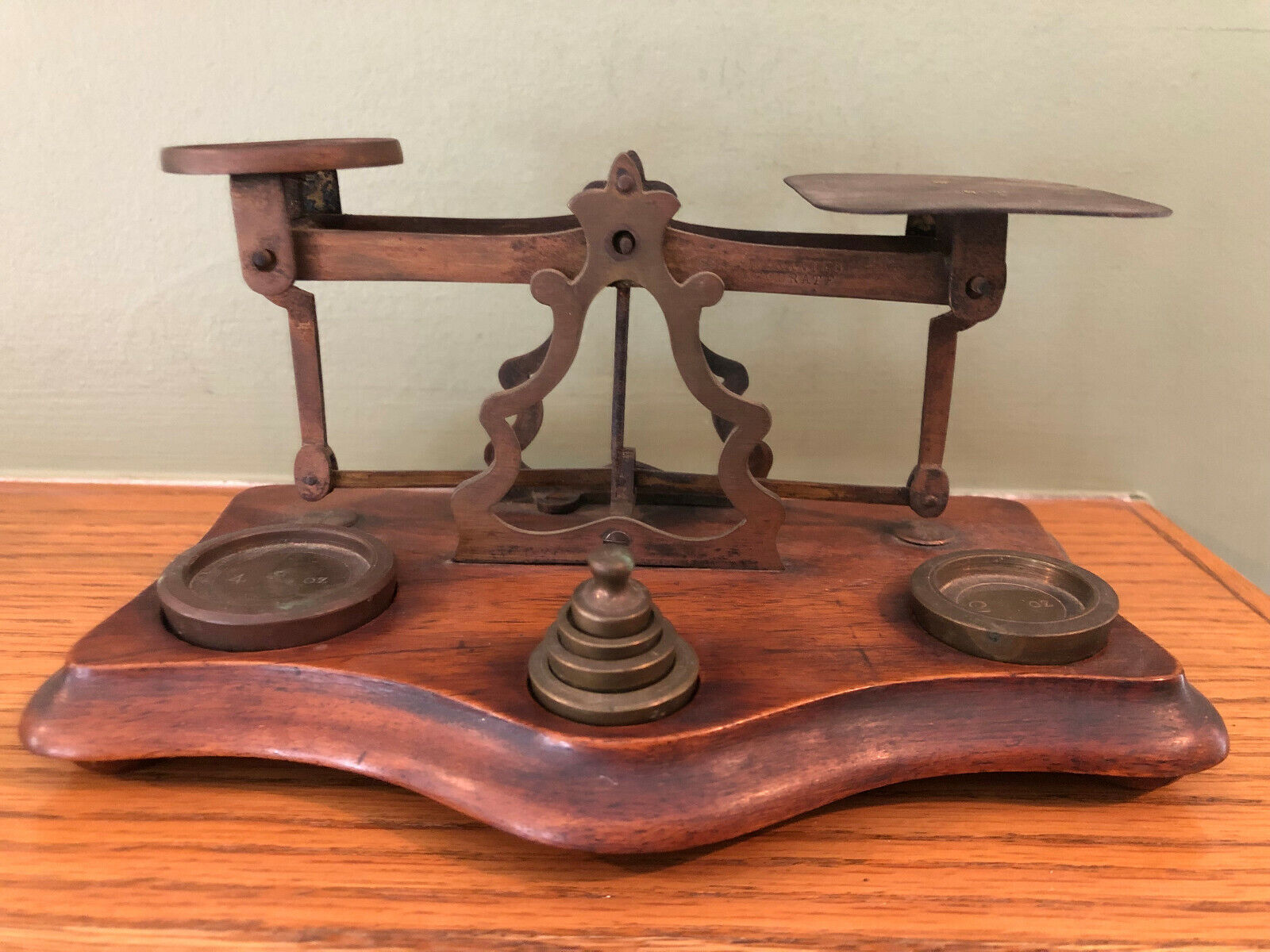 Antique Wood And Brass Balance Scale With Weights