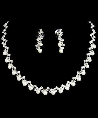 42b Bridal Sp White Pearl & Clear Crystal Single Vine Necklace Set