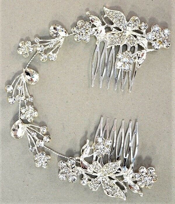 Faux Silver Flowers Floral Rhinestone Butterfly Bridal Wedding Hair Comb