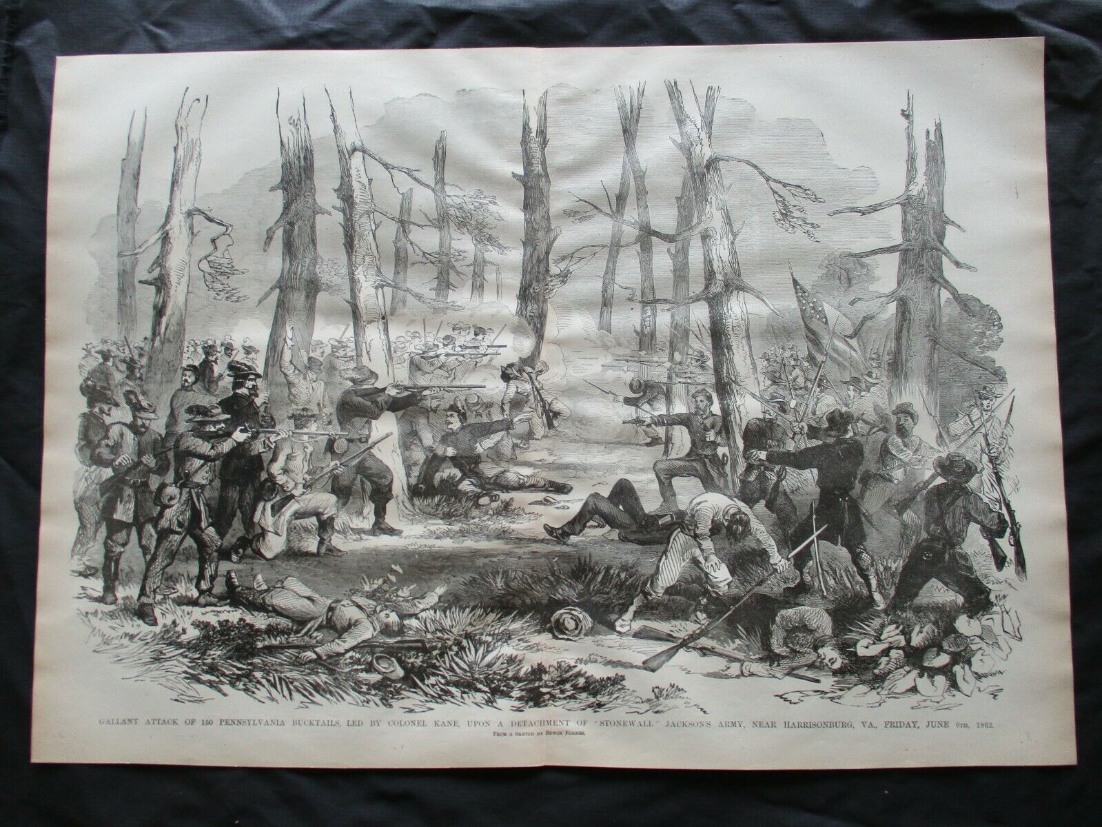 1884 Civil War Print - Attack Of 150 Pennsylvania Bucktails, Near Harrisonburg