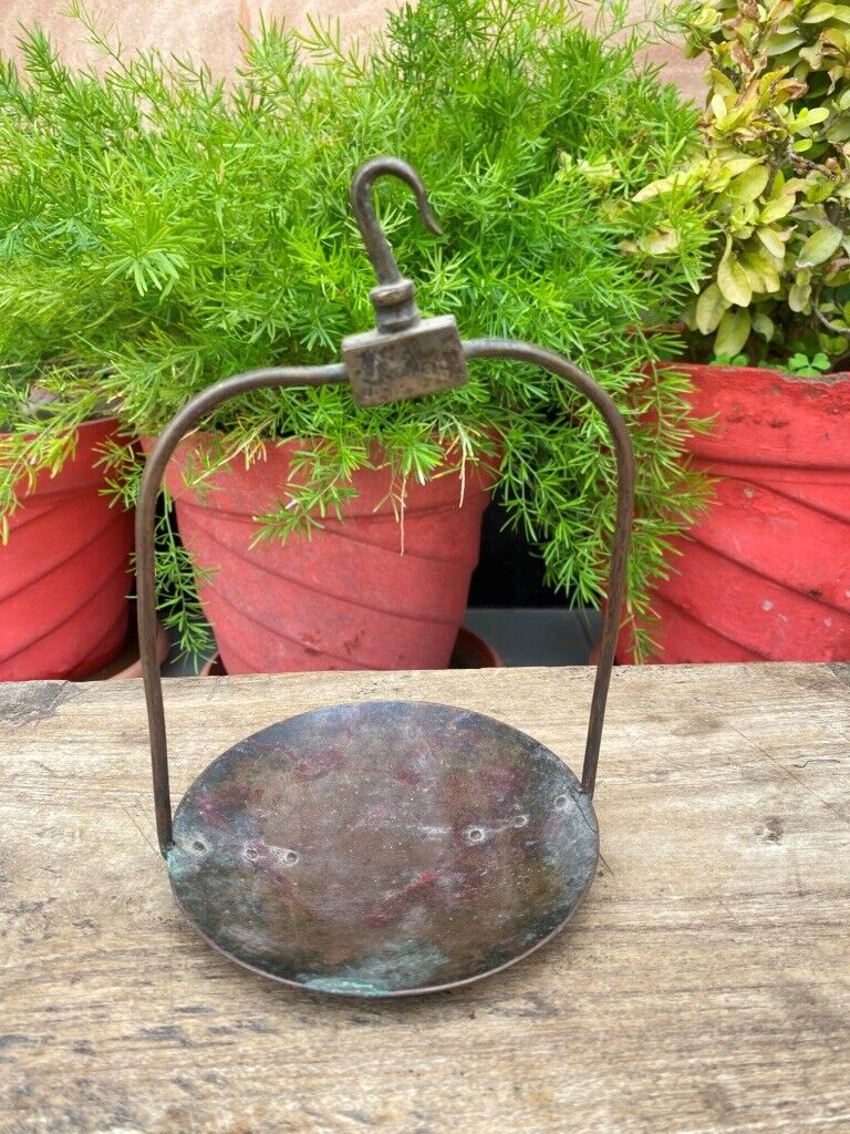 Antique Old Brass Hand Forged Indian Measurement Weight Scale Hanging Bowl