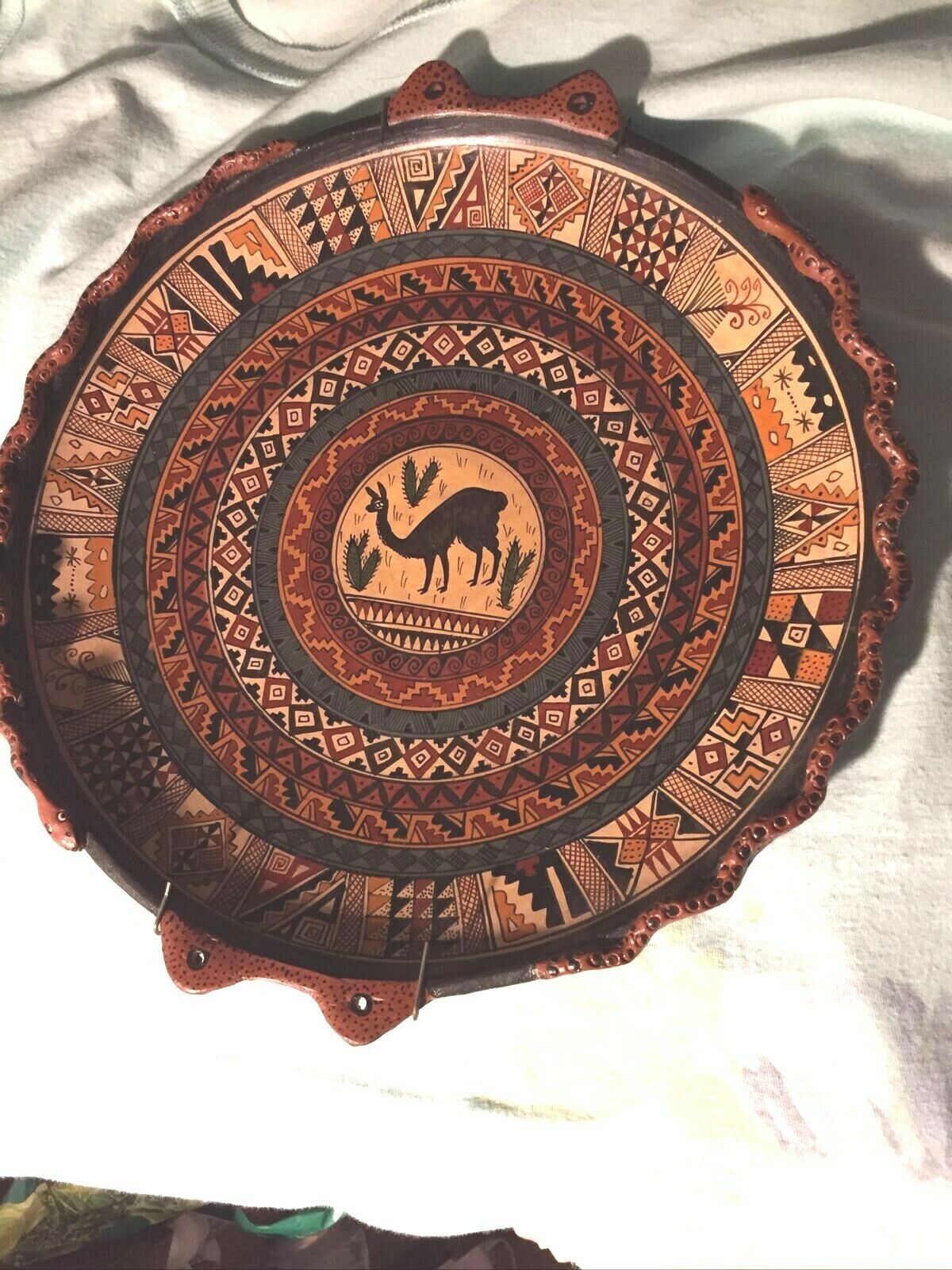 Vintage Cusco Peru Inca Hand-painted Pottery Plate Folk Art , Llama, Snakes