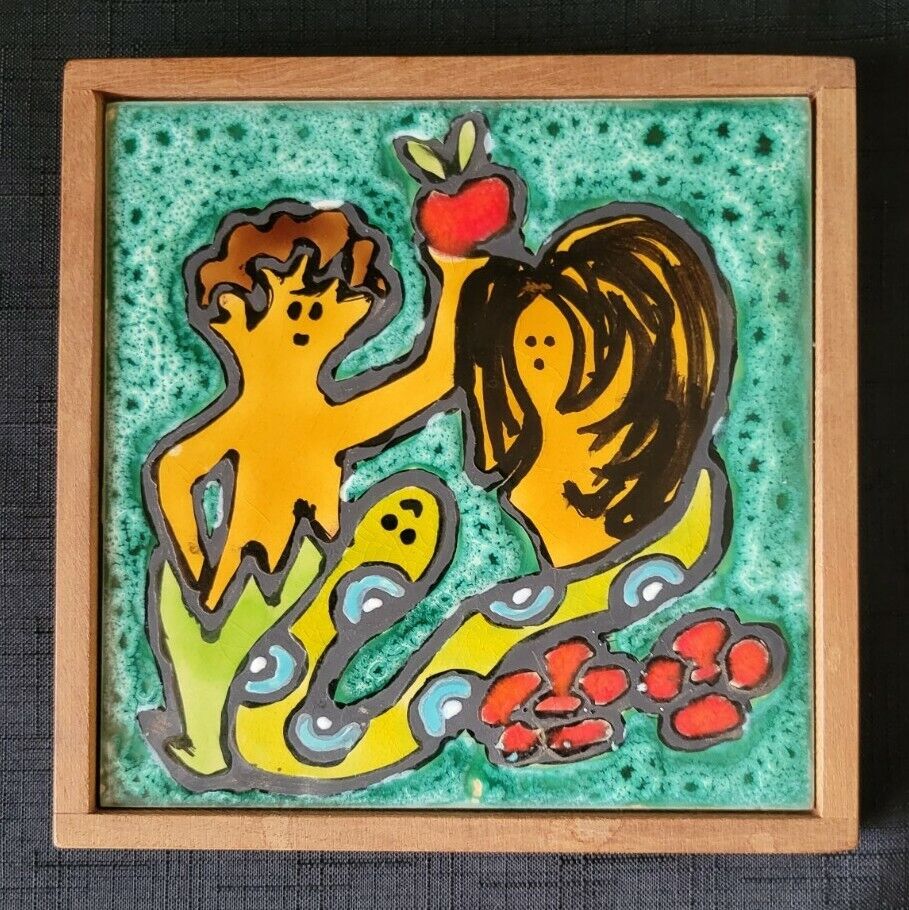 Adam And Eve Israel Ein-reb Art Ceramic Tile By Araten  Colorful, Framed, Signed