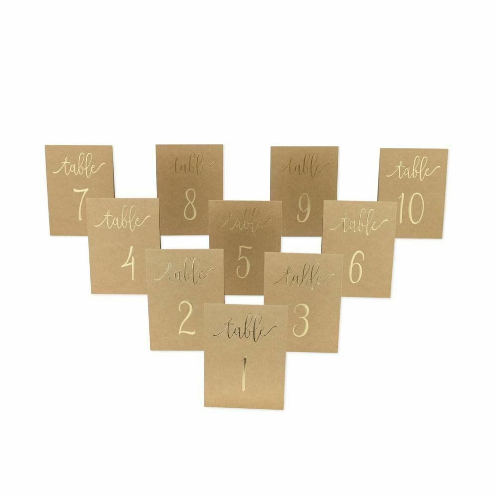 Kraft Brown And Gold Wedding Table Number Cards 1-10
