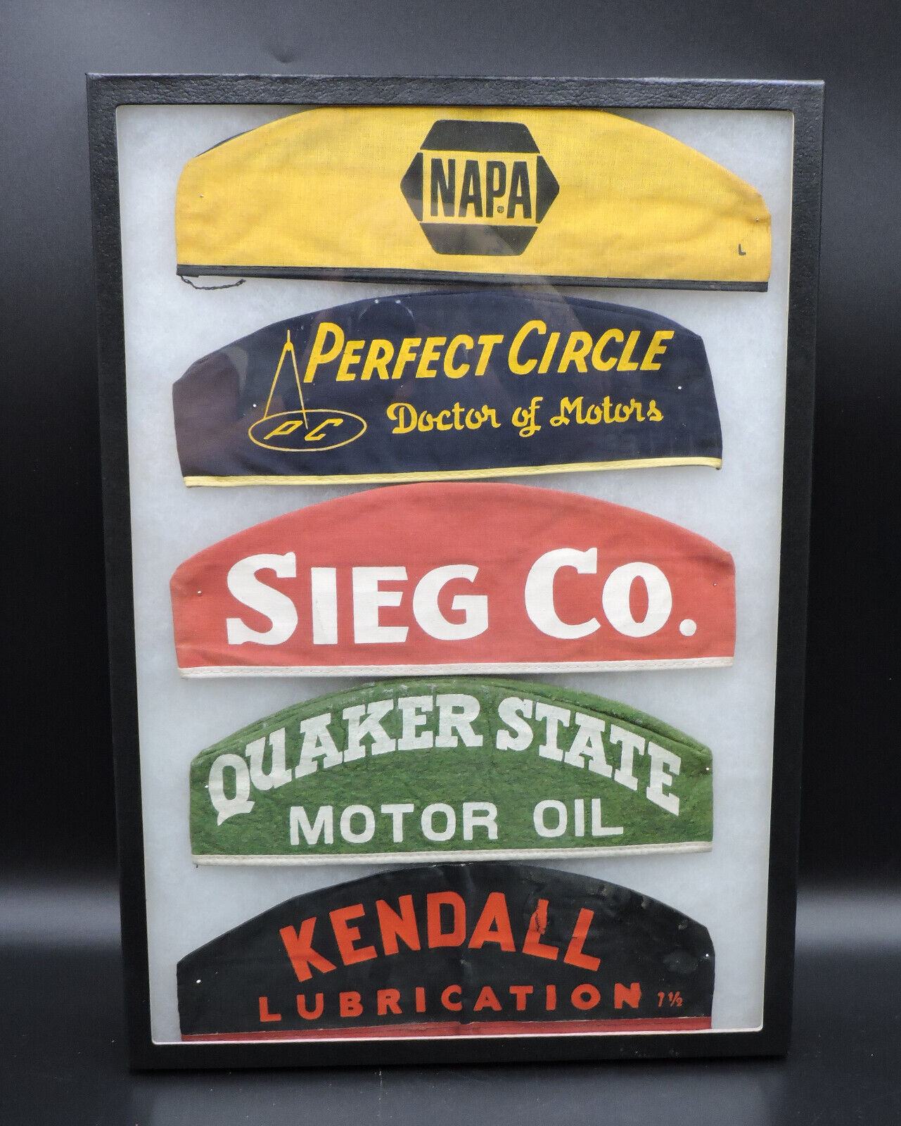 Napa, Perfect Circle, Sieg Co, Quaker State, And Kendall Vintage Hats In Display