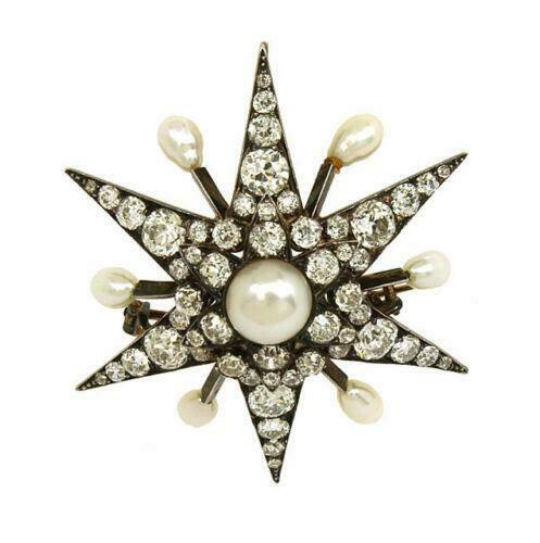Antique 7.50ct Old Mine Cut Diamonds & Pearls Star Brooch Pendant In 14k Gold