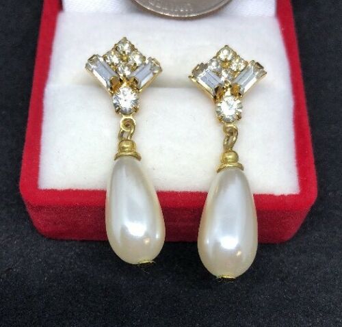 Vintage Faux Gold, Drop Pearl & White Rhinestone Wedding / Bridal Stud Earrings