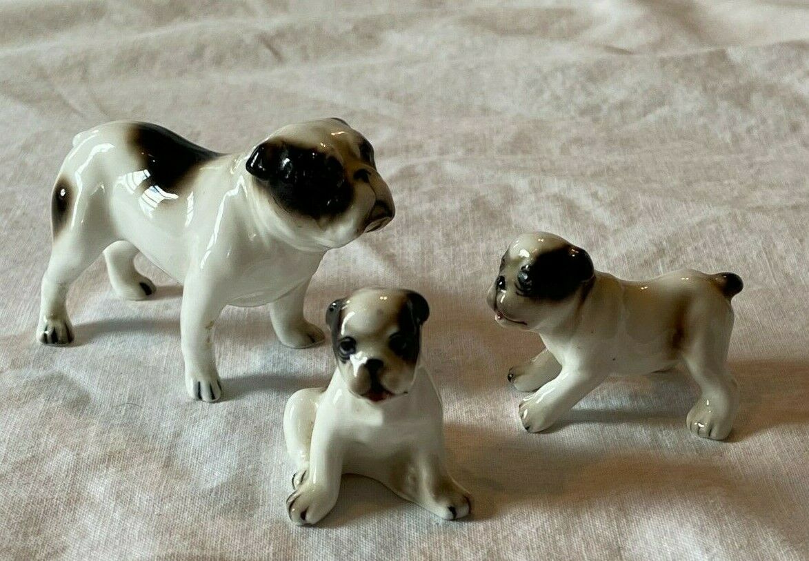 3 Pc Vintage 60s Miniature Bone China American Bulldog Mama & Pups Family