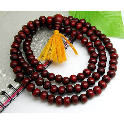 Long 108 8mm Red Sandalwood Prayer Beads Mala Necklace -32" With Golden Tassel