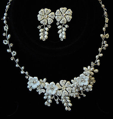 93b Enchanting Bridal Ivory White Pearl Crystal Flower & Vine Necklace Set