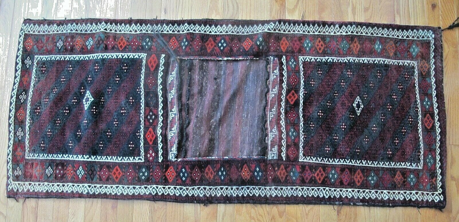 Vintage Middle East Tribal Hand Woven Wool Rug Double Saddle Bag Camel 25 X 56"