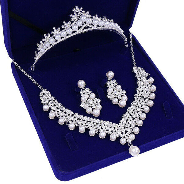 Pearl Tiara Necklace And Earring Set, Crystal Pearl Tiara Earrings Necklace Set