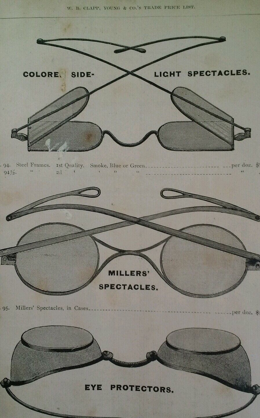 Spectacles Glasses Antique Steel 1881 Catalog Page Clapp Chicago Rare Vhtf 90