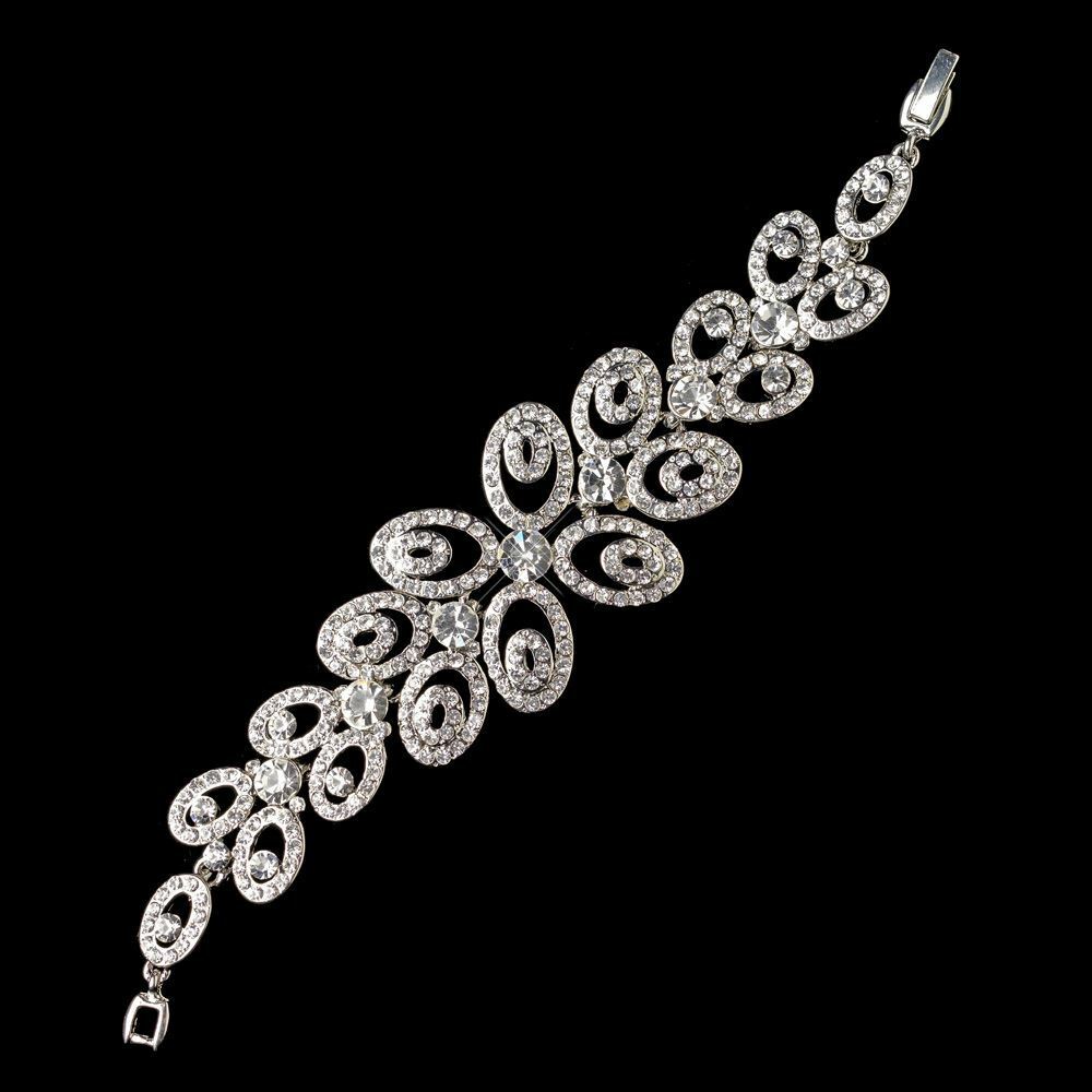 Rhinestone  Floral Swirl Silver Bridesmaid Bracelet Wedding Jewelry